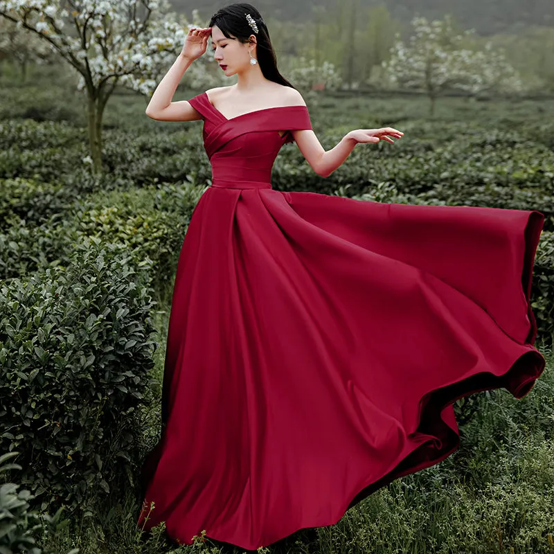 Dark Red Satin Long Off Shoulder A-line Evening Dress, Wine Red Formal Dress Party Dress