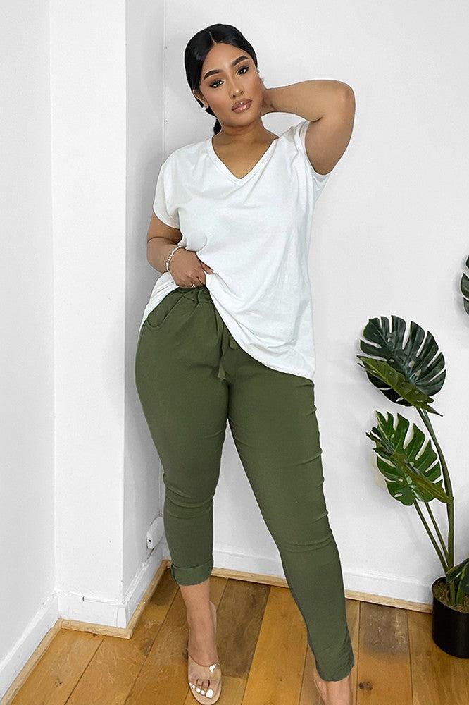 Drawstring Waist Rolled Up Hem Cotton Trousers