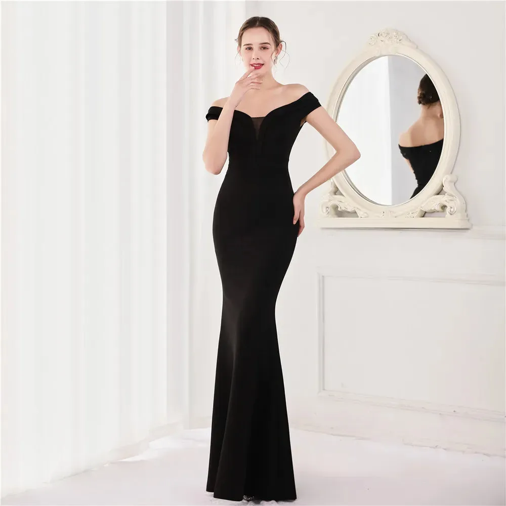 Elegant Black Soft Satin Long Evening Off Shoulder Formal Party Prom Dress