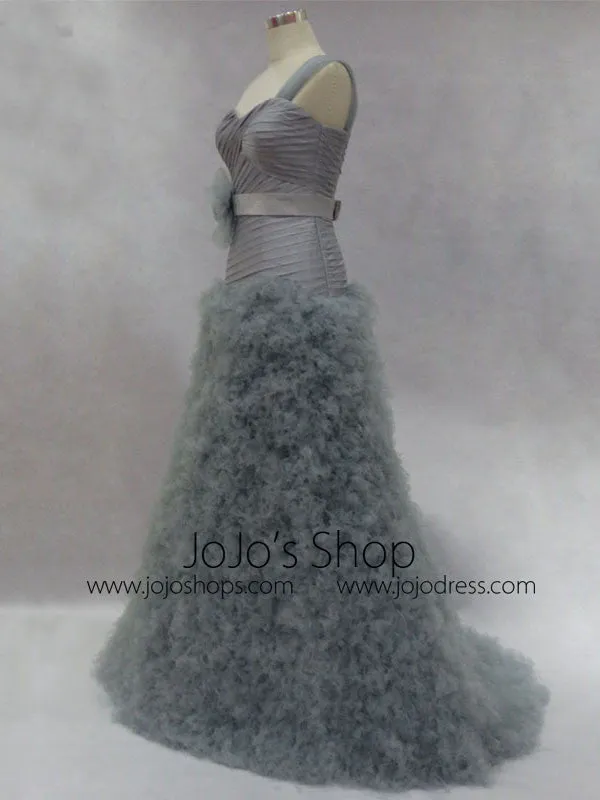 Elegant Gray One Shoulder Ruffles Long Prom Formal Evening Dress