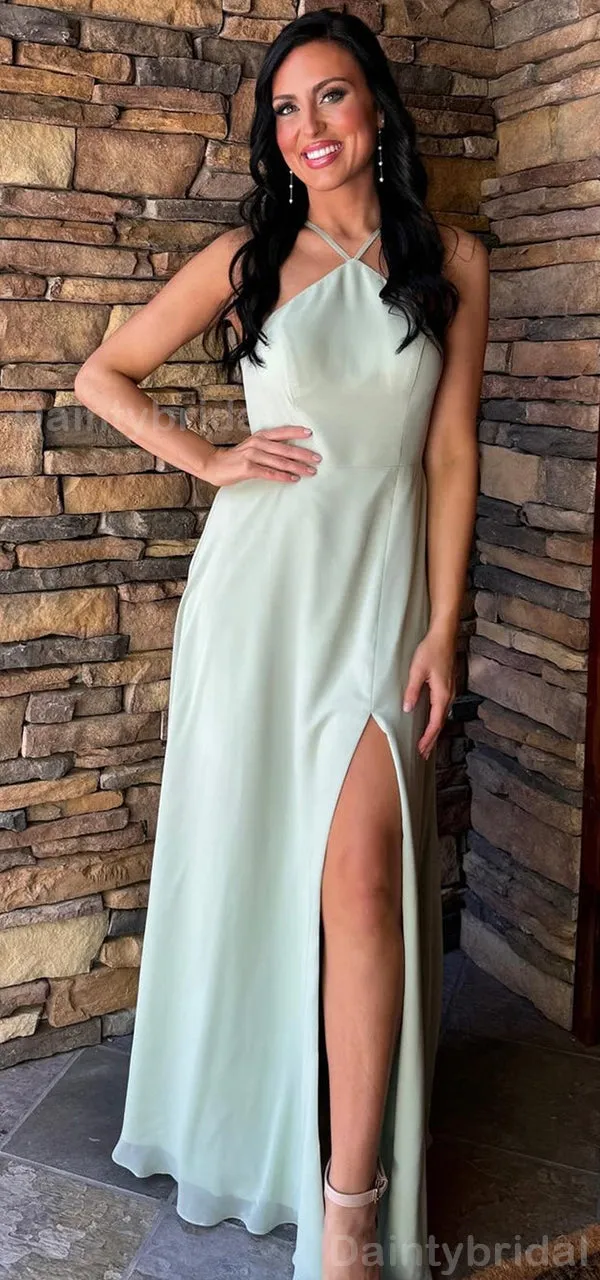 Elegant Halter A-line Side Slit Satin Sage Long Evening Prom Dress Online, OL095