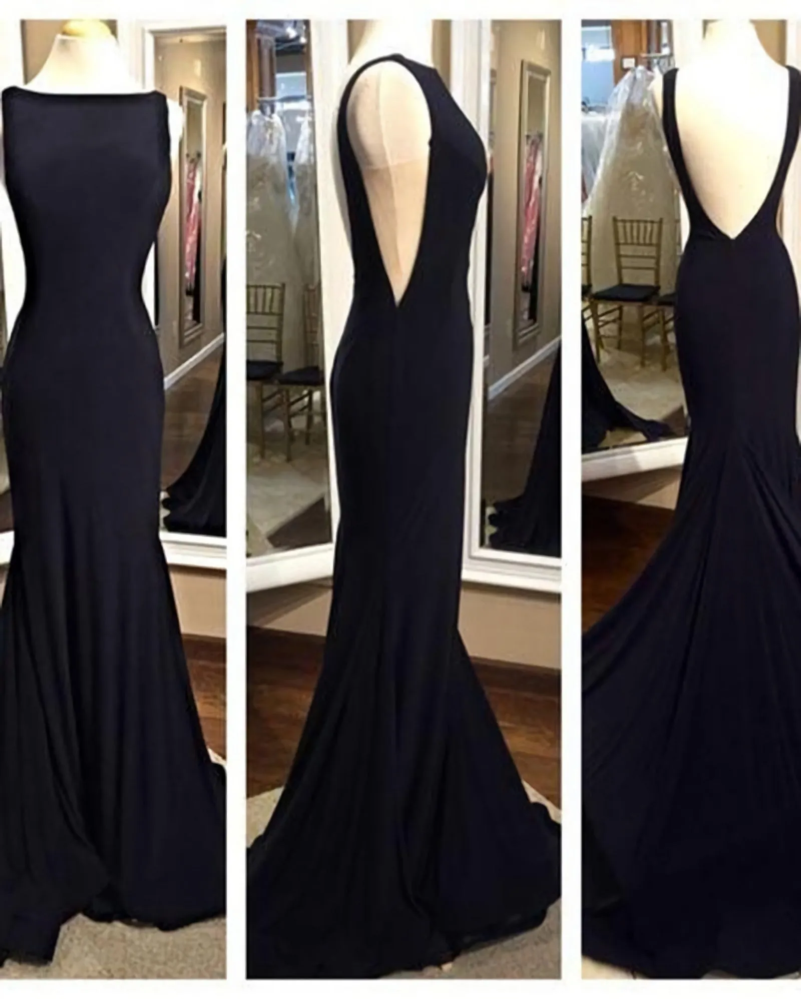 Elegant Long Backless Mermaid Fitted Black Prom Gown Formal Evening Dress With Sweep Train Dp080