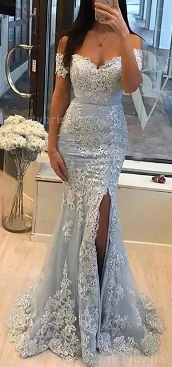 Elegant Off Shoulder Mermaid Side Slit Applique Long Evening Prom Dress Online, OL051