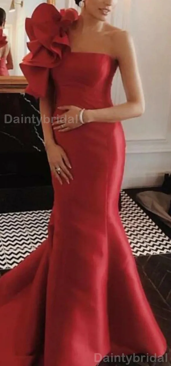 Elegant One Shoulder Mermaid Red Satin Long Evening Prom Dress Online, OL071