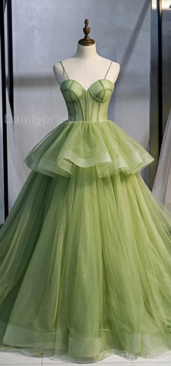 Elegant Spaghetti Straps A-line Tulle Long Evening Prom Dress Online, OL096