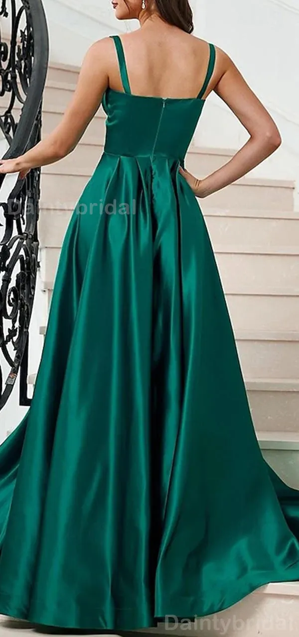 Elegant Spaghetti Straps Side Slit A-line Satin Dark Green Evening Prom Dress Online, OL084