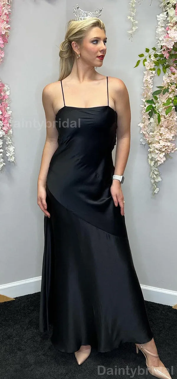 Elegant Spaghetti Straps Straight Neck Mermaid Satin Black Long Evening Prom Dress Online, OL094