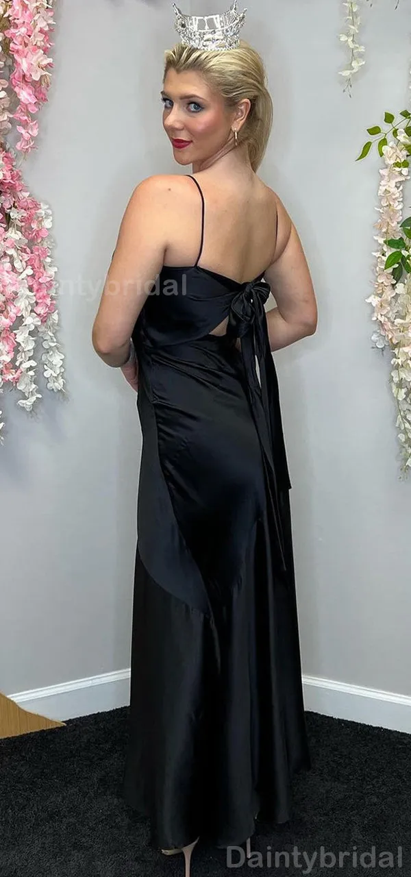 Elegant Spaghetti Straps Straight Neck Mermaid Satin Black Long Evening Prom Dress Online, OL094