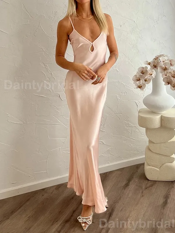 Elegant Spaghetti Straps V-neck Mermaid Satin Long Evening Prom Dress Online, OL093