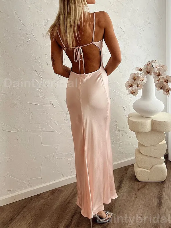 Elegant Spaghetti Straps V-neck Mermaid Satin Long Evening Prom Dress Online, OL093