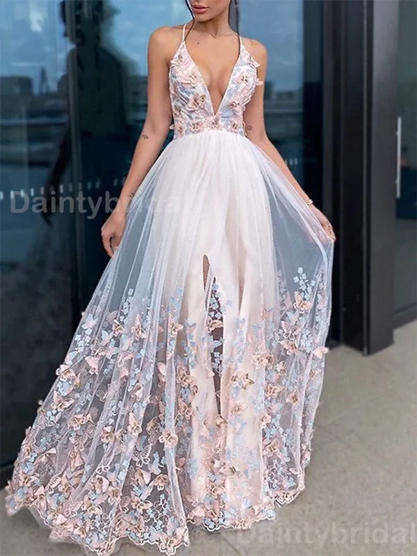 Elegant Spaghetti Straps V-neck Side Slit Long Tulle Evening Prom Dress Online, OL073