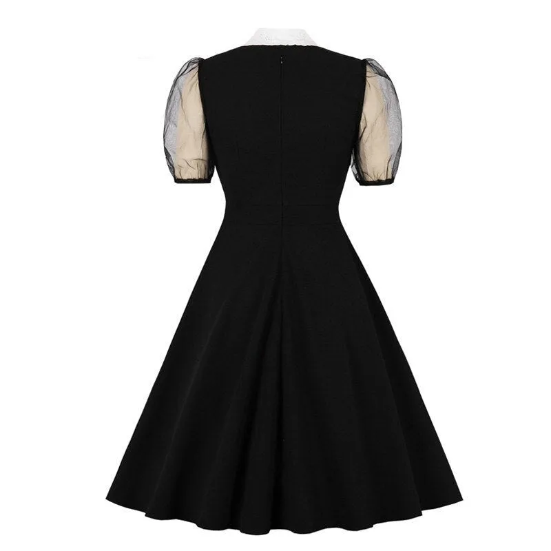 Embroidered Collar Button Front Black Vintage Spring Autumn Women Mesh Sleeve Elegant Party Swing Dress