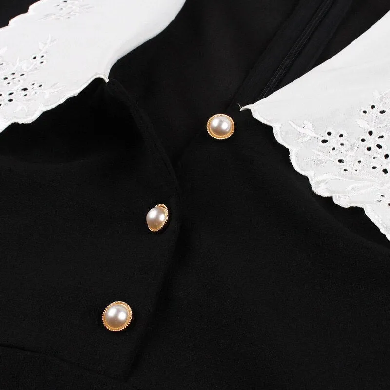 Embroidered Collar Button Front Black Vintage Spring Autumn Women Mesh Sleeve Elegant Party Swing Dress