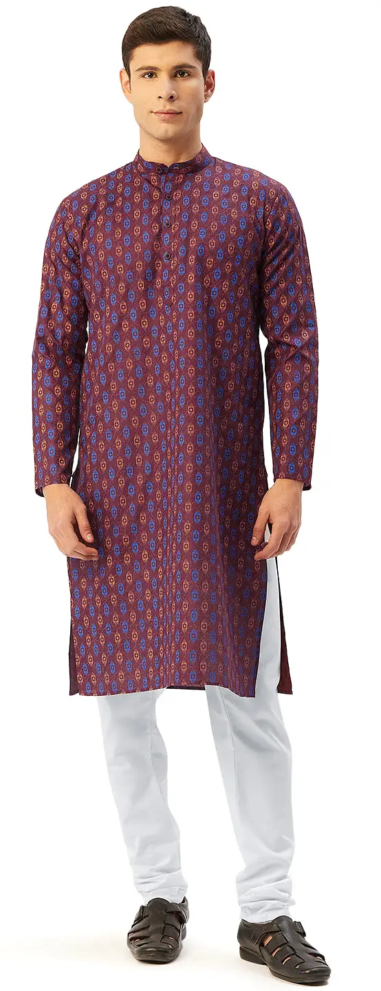 Evening Wear Men's Cotton Kurta Pyjama India Apparel (Maroon)