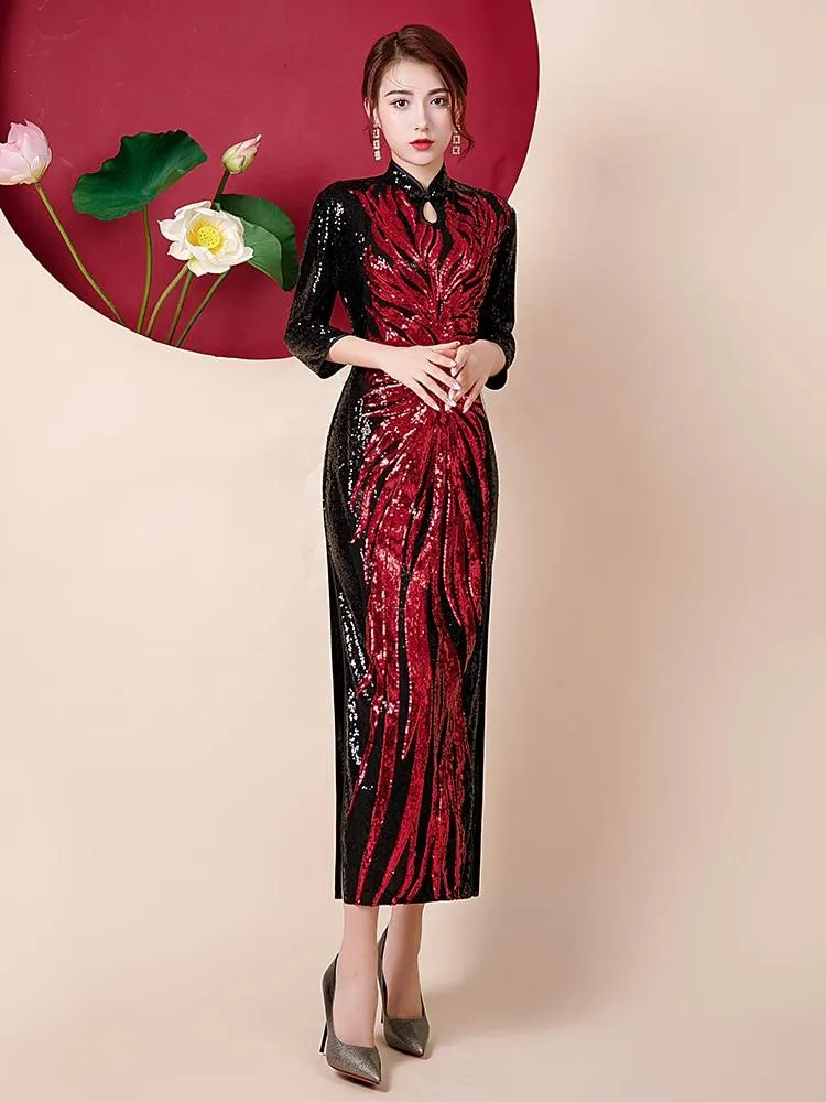 Fashion Sequins Embroidered Evening Dress Side-Slit Formal Occasion Women Black Red Long-Sleeve Tea-Length