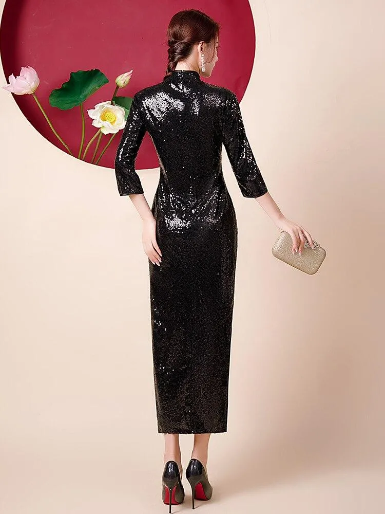 Fashion Sequins Embroidered Evening Dress Side-Slit Formal Occasion Women Black Red Long-Sleeve Tea-Length