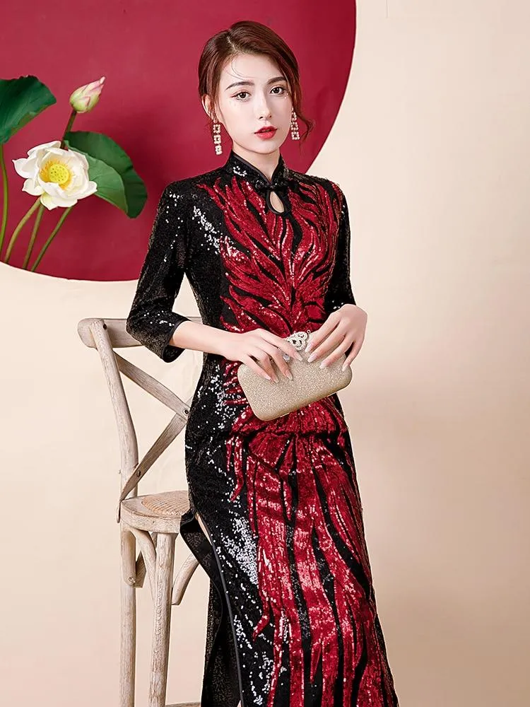 Fashion Sequins Embroidered Evening Dress Side-Slit Formal Occasion Women Black Red Long-Sleeve Tea-Length