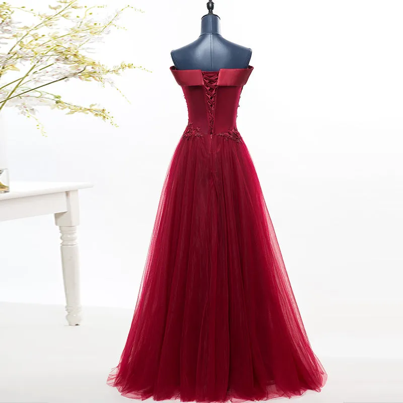 Fashionable Dark Red Off Shoulder Style Long Prom Dress, A-line Evening Gown