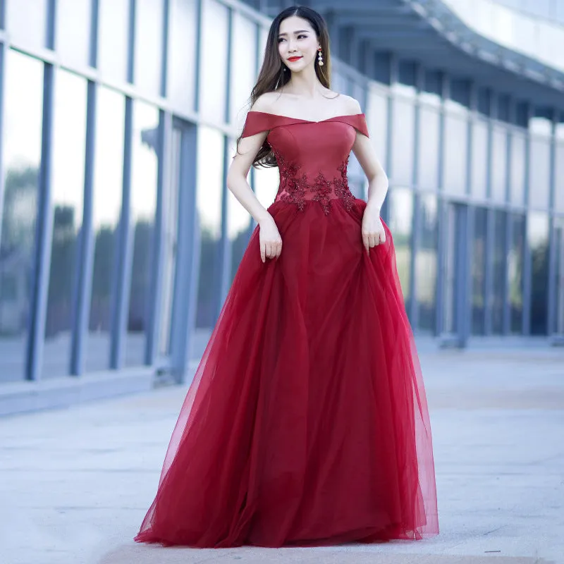 Fashionable Dark Red Off Shoulder Style Long Prom Dress, A-line Evening Gown