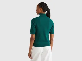 Forest green short sleeve turtleneck in cashmere blend - Dark Green | Benetton