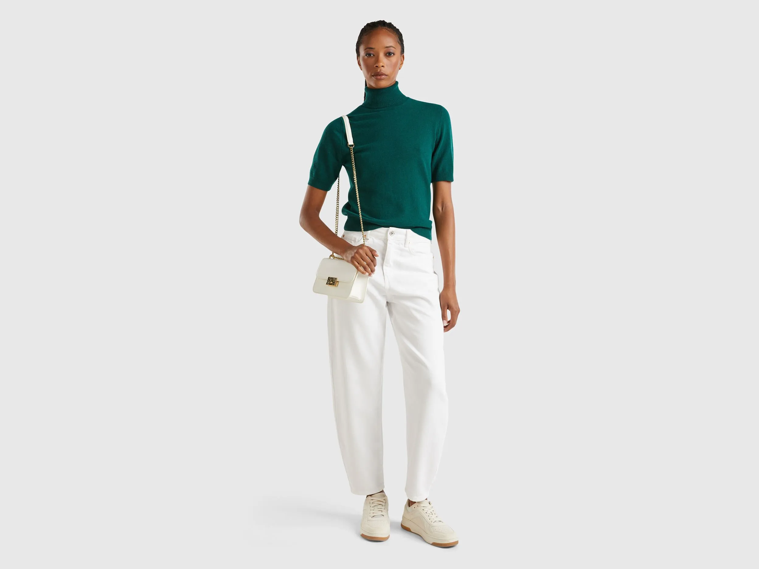 Forest green short sleeve turtleneck in cashmere blend - Dark Green | Benetton