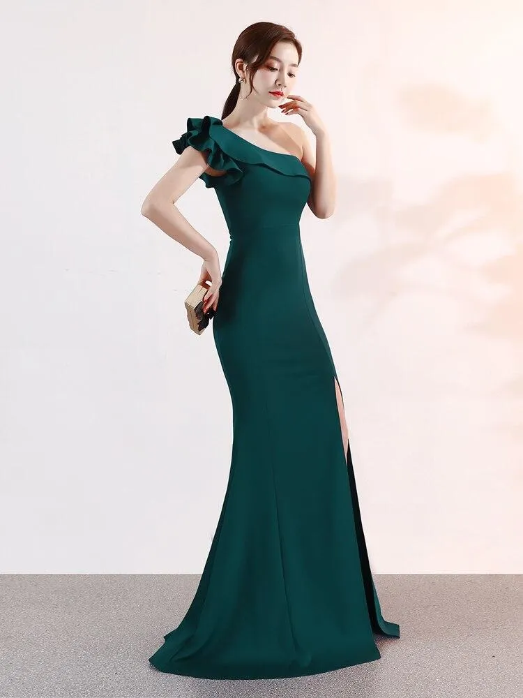 Formal Evening dress New Mermaid Ruffle Flounce One Shoulder stretch Long Prom dress Zipper back Sleeveless