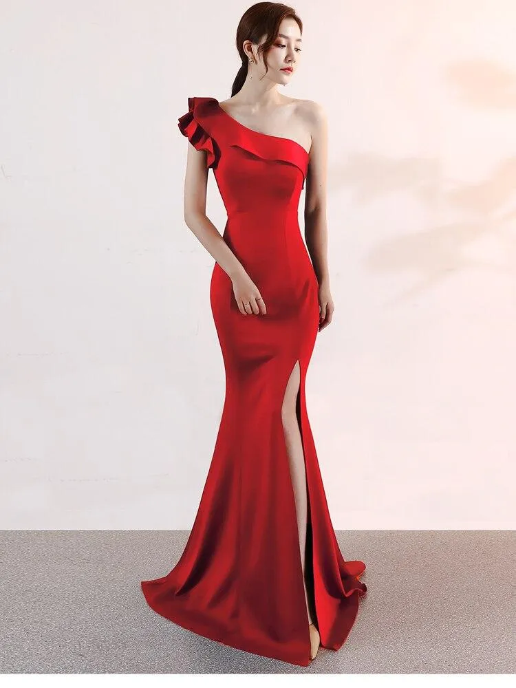 Formal Evening dress New Mermaid Ruffle Flounce One Shoulder stretch Long Prom dress Zipper back Sleeveless