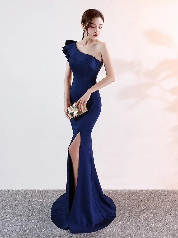 Formal Evening dress New Mermaid Ruffle Flounce One Shoulder stretch Long Prom dress Zipper back Sleeveless