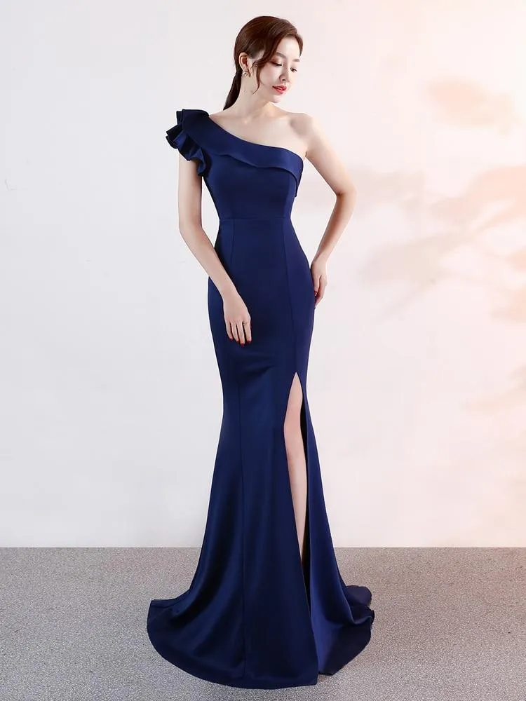 Formal Evening dress New Mermaid Ruffle Flounce One Shoulder stretch Long Prom dress Zipper back Sleeveless