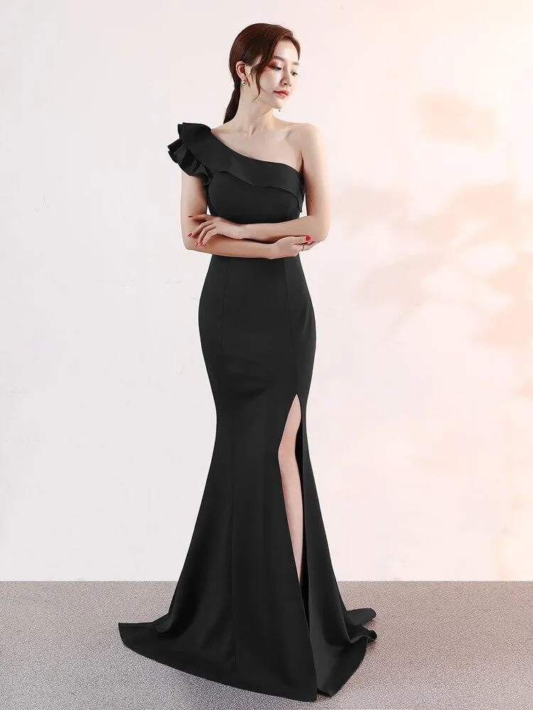 Formal Evening dress New Mermaid Ruffle Flounce One Shoulder stretch Long Prom dress Zipper back Sleeveless