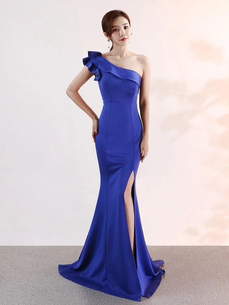 Formal Evening dress New Mermaid Ruffle Flounce One Shoulder stretch Long Prom dress Zipper back Sleeveless