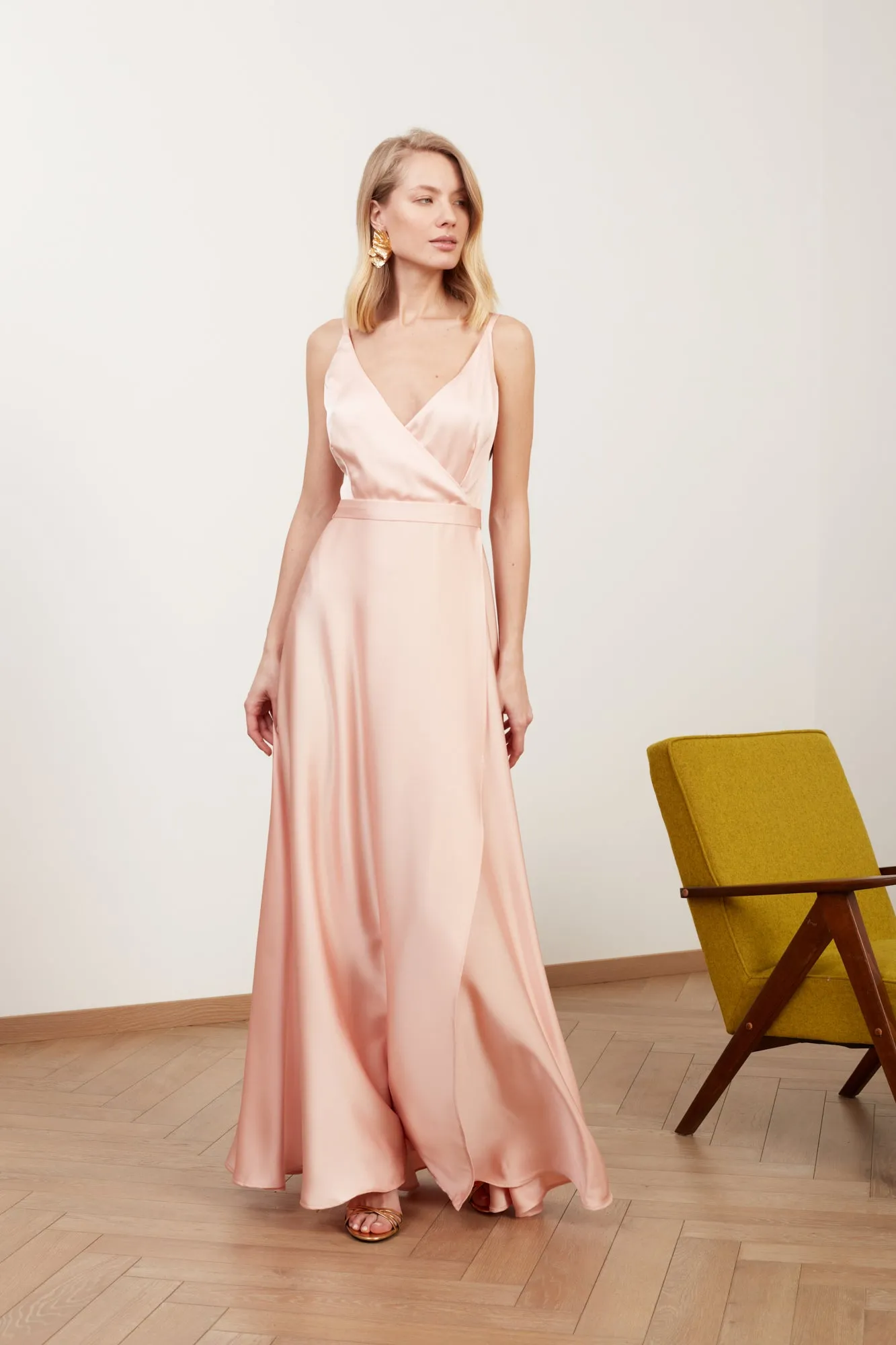 FREYA coral satin long evening dress