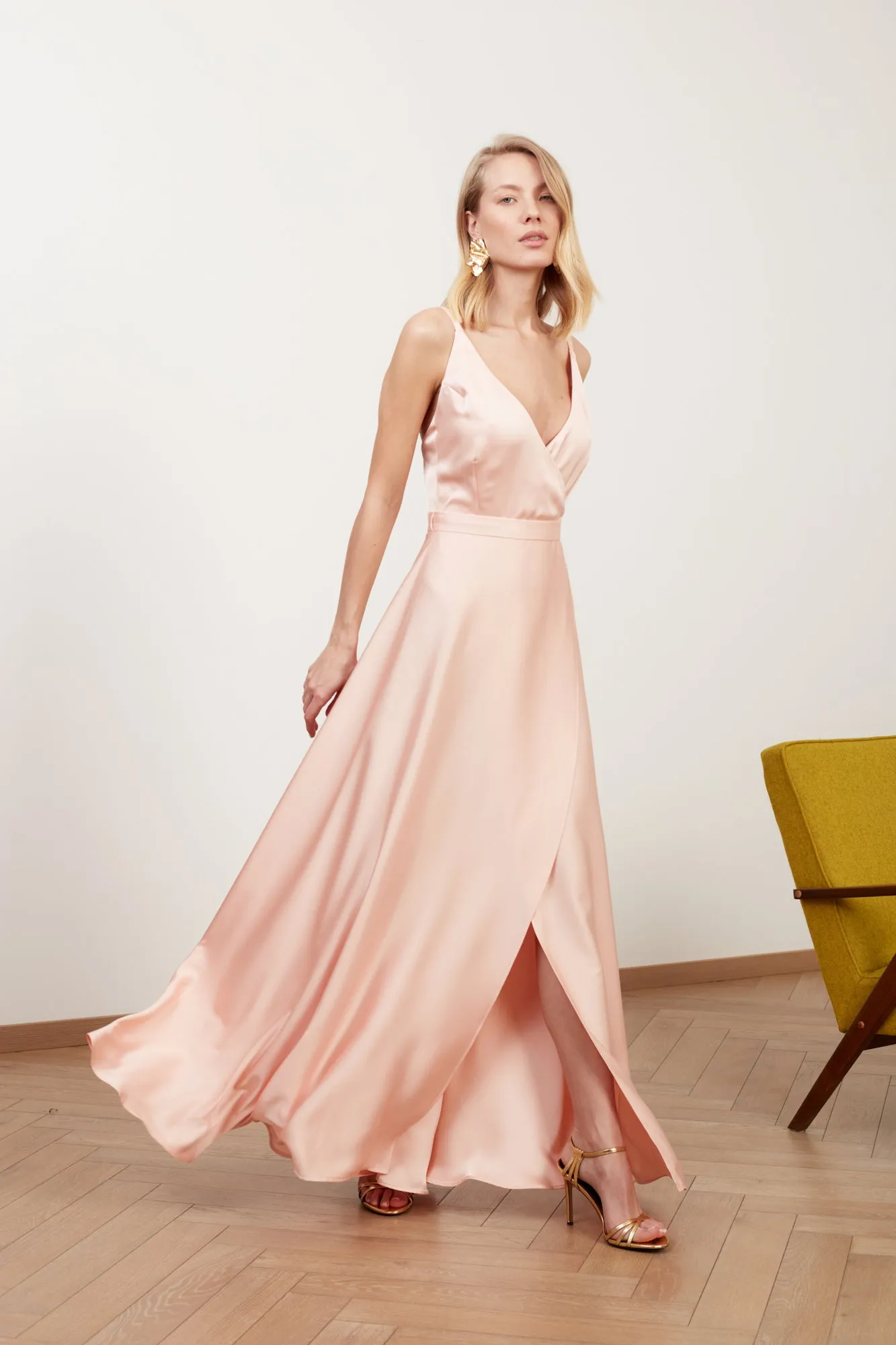 FREYA coral satin long evening dress