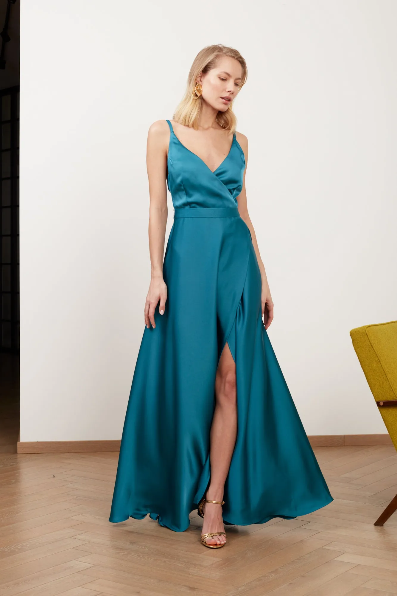 FREYA dark turquoise blue satin maxi evening dress