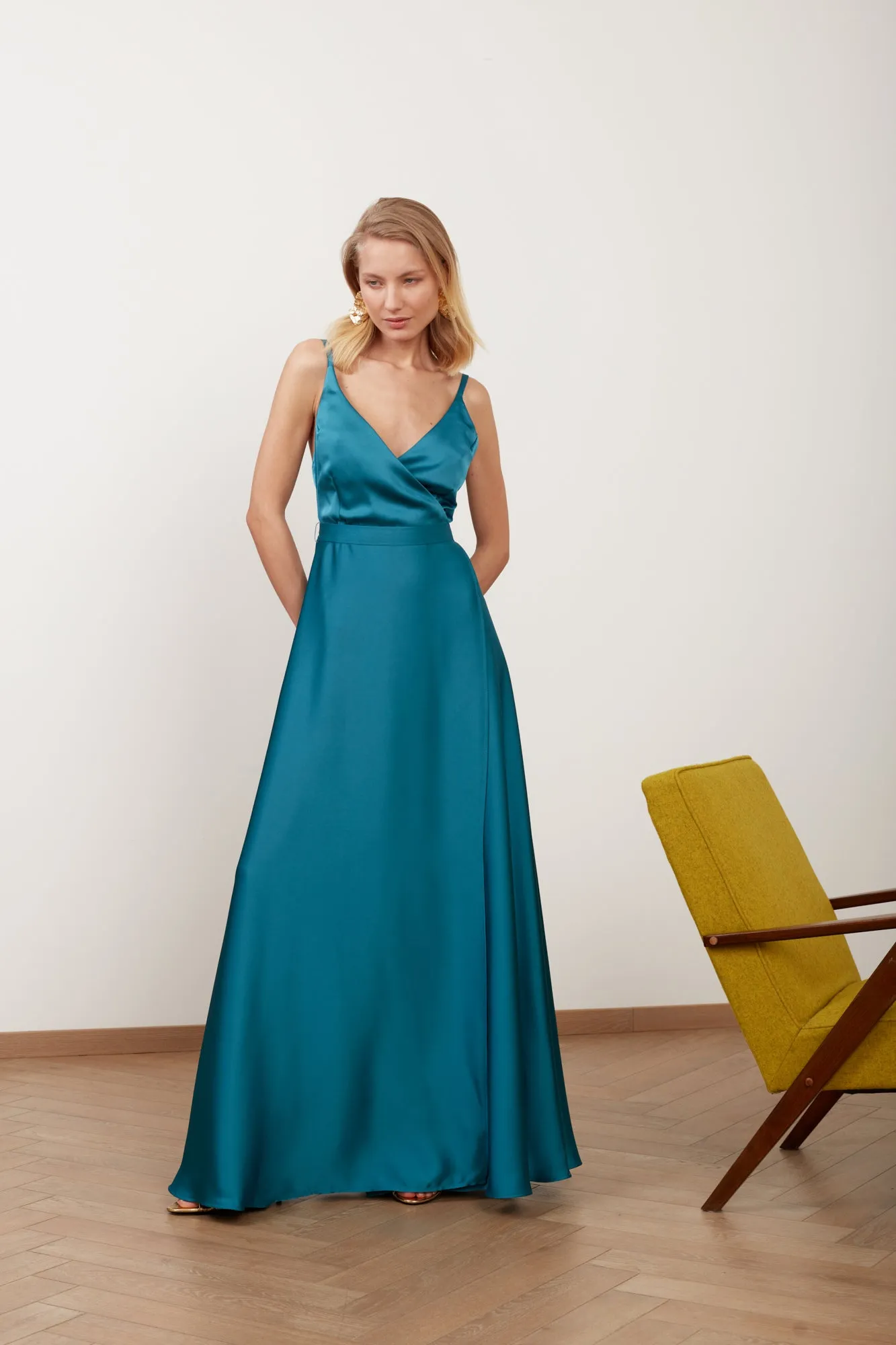 FREYA dark turquoise blue satin maxi evening dress