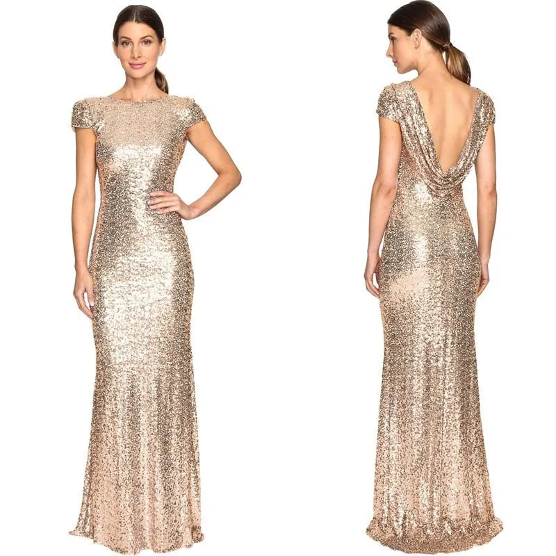 Full Sequined Slim U-shaped Backless Sexy Evening Trumpet Mermaid Gold Floor-Length Party Dress