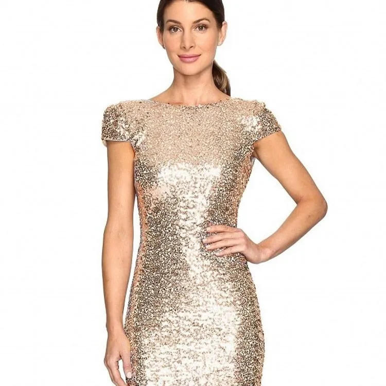 Full Sequined Slim U-shaped Backless Sexy Evening Trumpet Mermaid Gold Floor-Length Party Dress