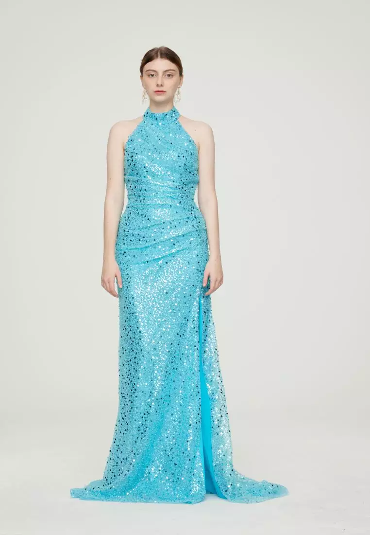 G I O R G I A ORNELLA Luxe Beaded Halter Open-Back Evening Gown in Turquoise