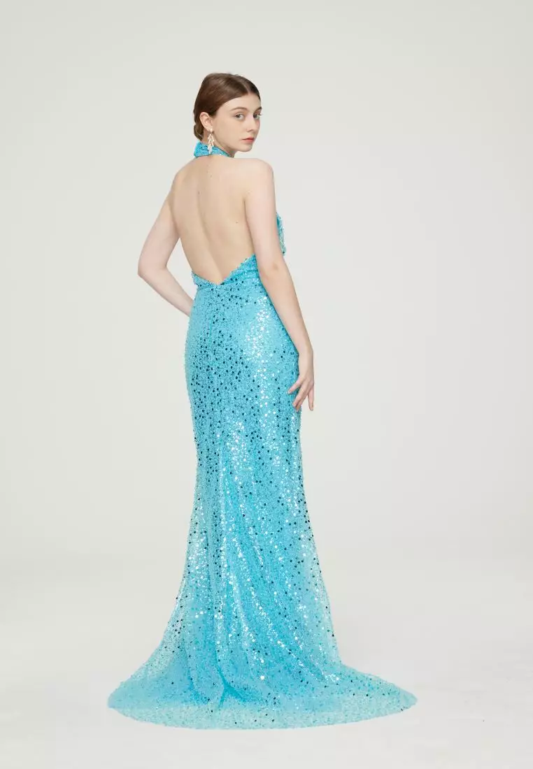 G I O R G I A ORNELLA Luxe Beaded Halter Open-Back Evening Gown in Turquoise