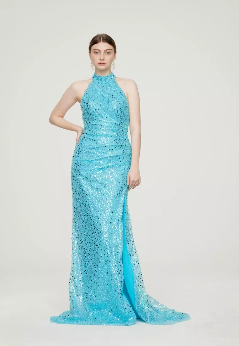 G I O R G I A ORNELLA Luxe Beaded Halter Open-Back Evening Gown in Turquoise