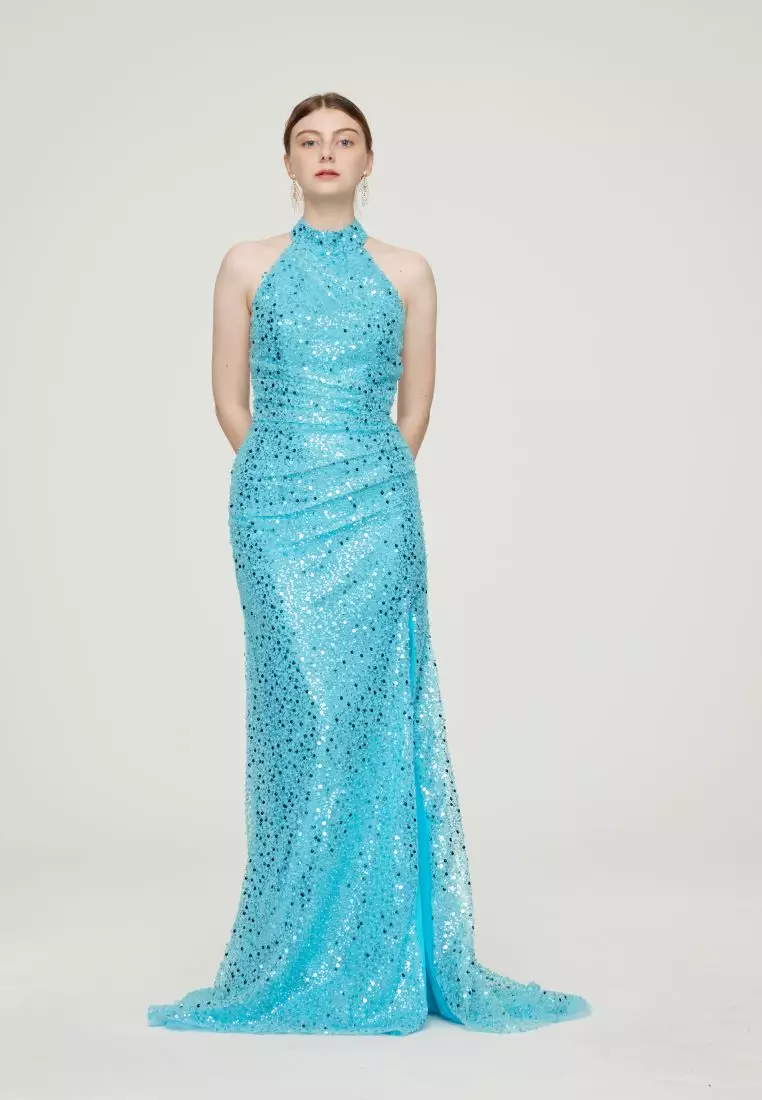 G I O R G I A ORNELLA Luxe Beaded Halter Open-Back Evening Gown in Turquoise