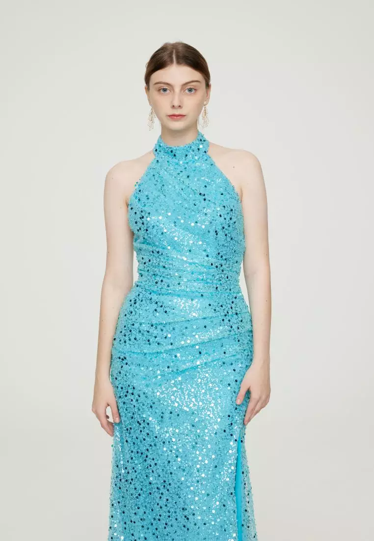 G I O R G I A ORNELLA Luxe Beaded Halter Open-Back Evening Gown in Turquoise