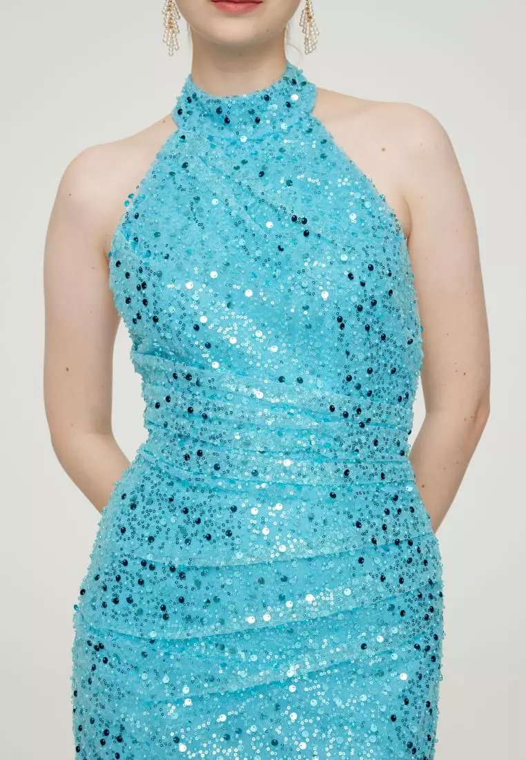 G I O R G I A ORNELLA Luxe Beaded Halter Open-Back Evening Gown in Turquoise