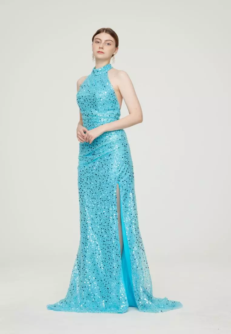 G I O R G I A ORNELLA Luxe Beaded Halter Open-Back Evening Gown in Turquoise