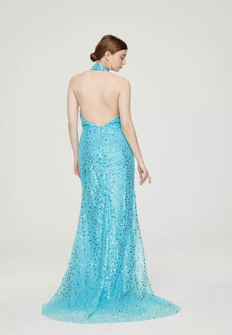 G I O R G I A ORNELLA Luxe Beaded Halter Open-Back Evening Gown in Turquoise