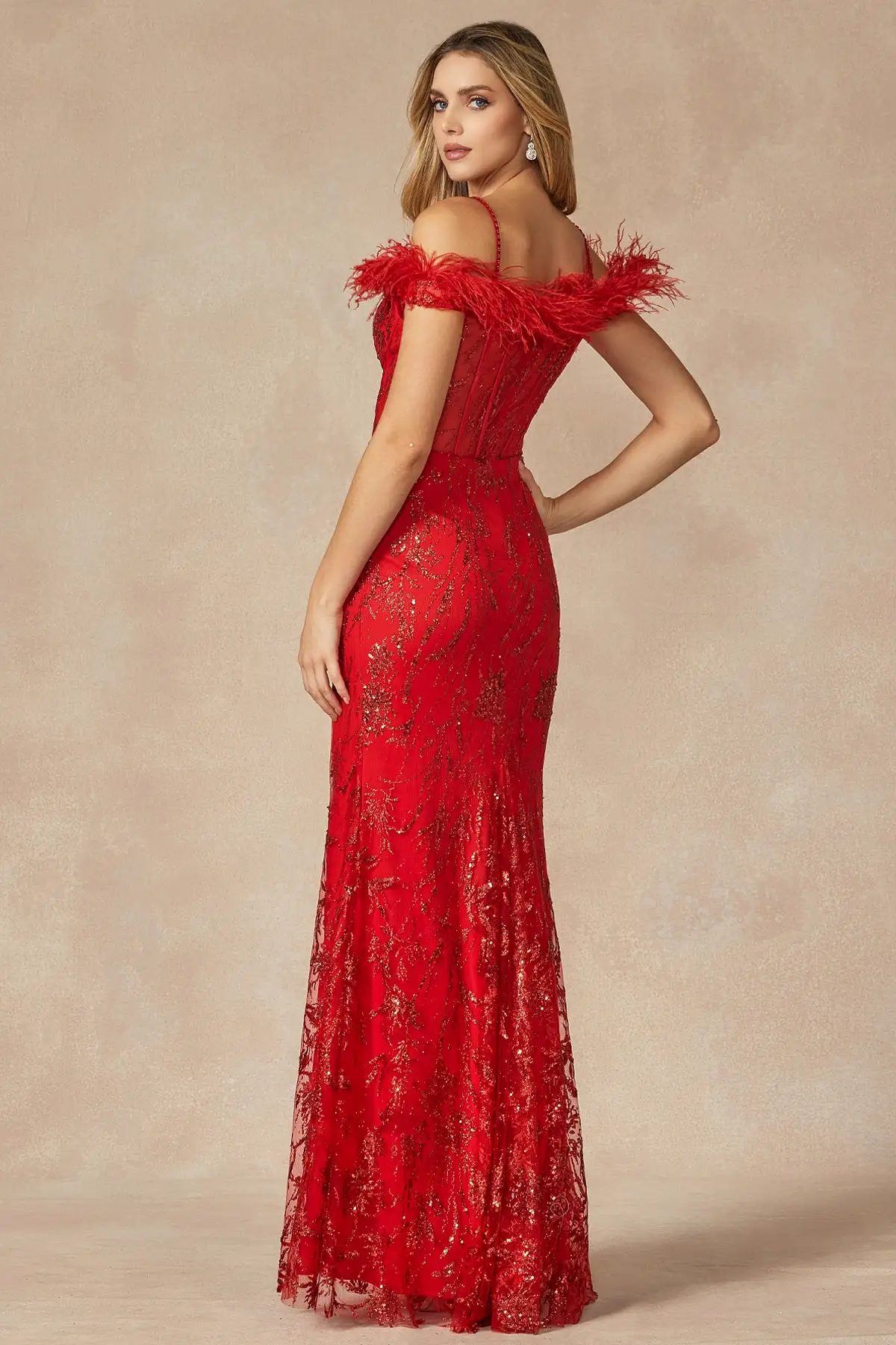 Glitter leaf sequin gown with feathered sleeves