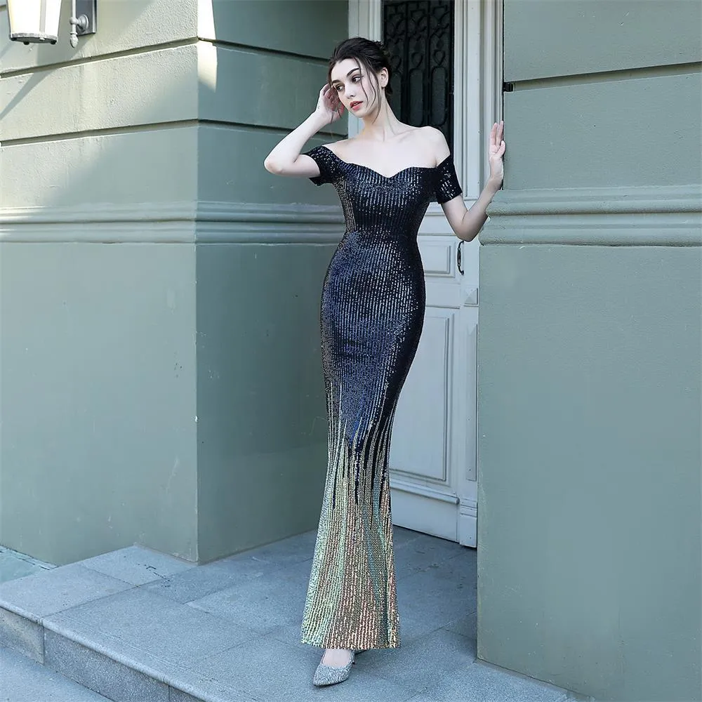 Gold Gradient Color Mermaid Evening Dress Elegant Off Shoulder Formal Party Gown Shinning Sequin Vestido De Festa Occasion Dress