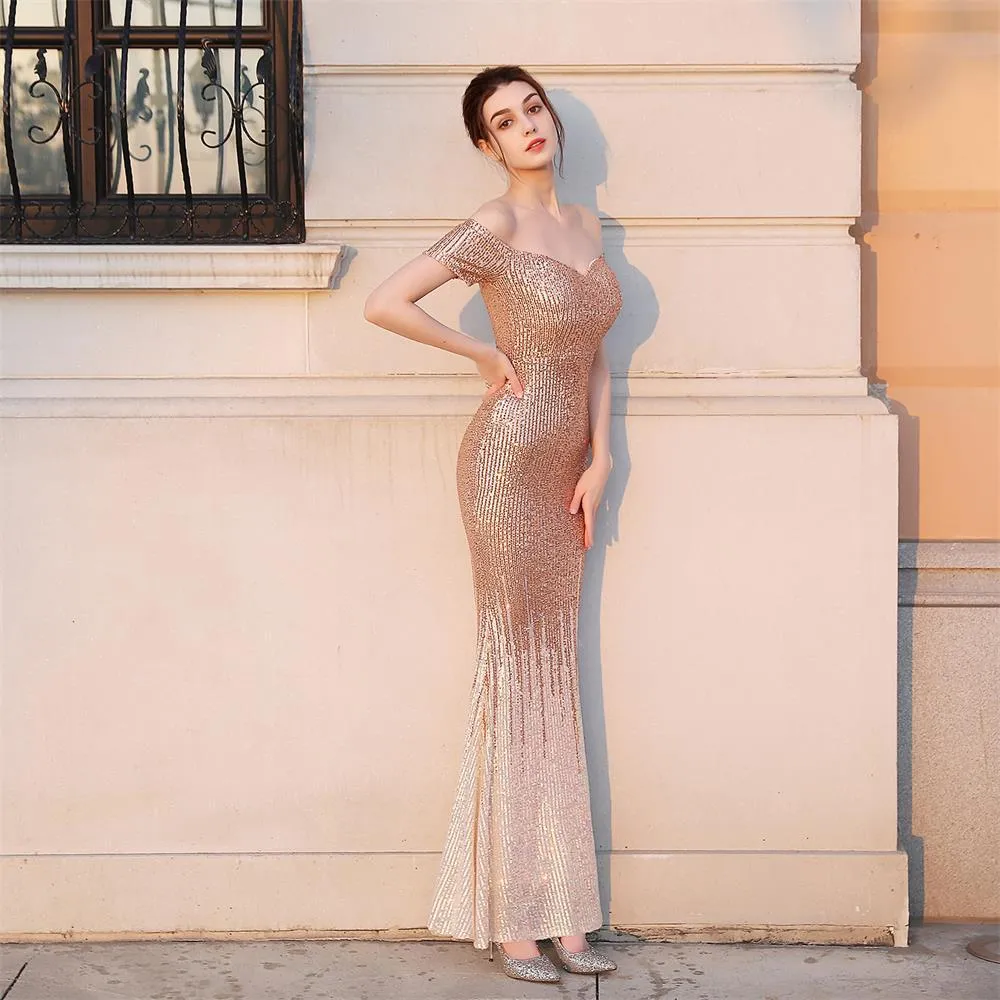 Gold Gradient Color Mermaid Evening Dress Elegant Off Shoulder Formal Party Gown Shinning Sequin Vestido De Festa Occasion Dress