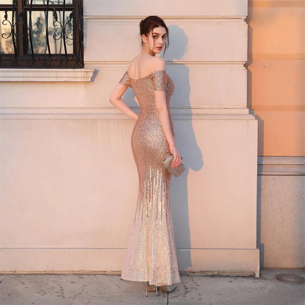 Gold Gradient Color Mermaid Evening Dress Elegant Off Shoulder Formal Party Gown Shinning Sequin Vestido De Festa Occasion Dress