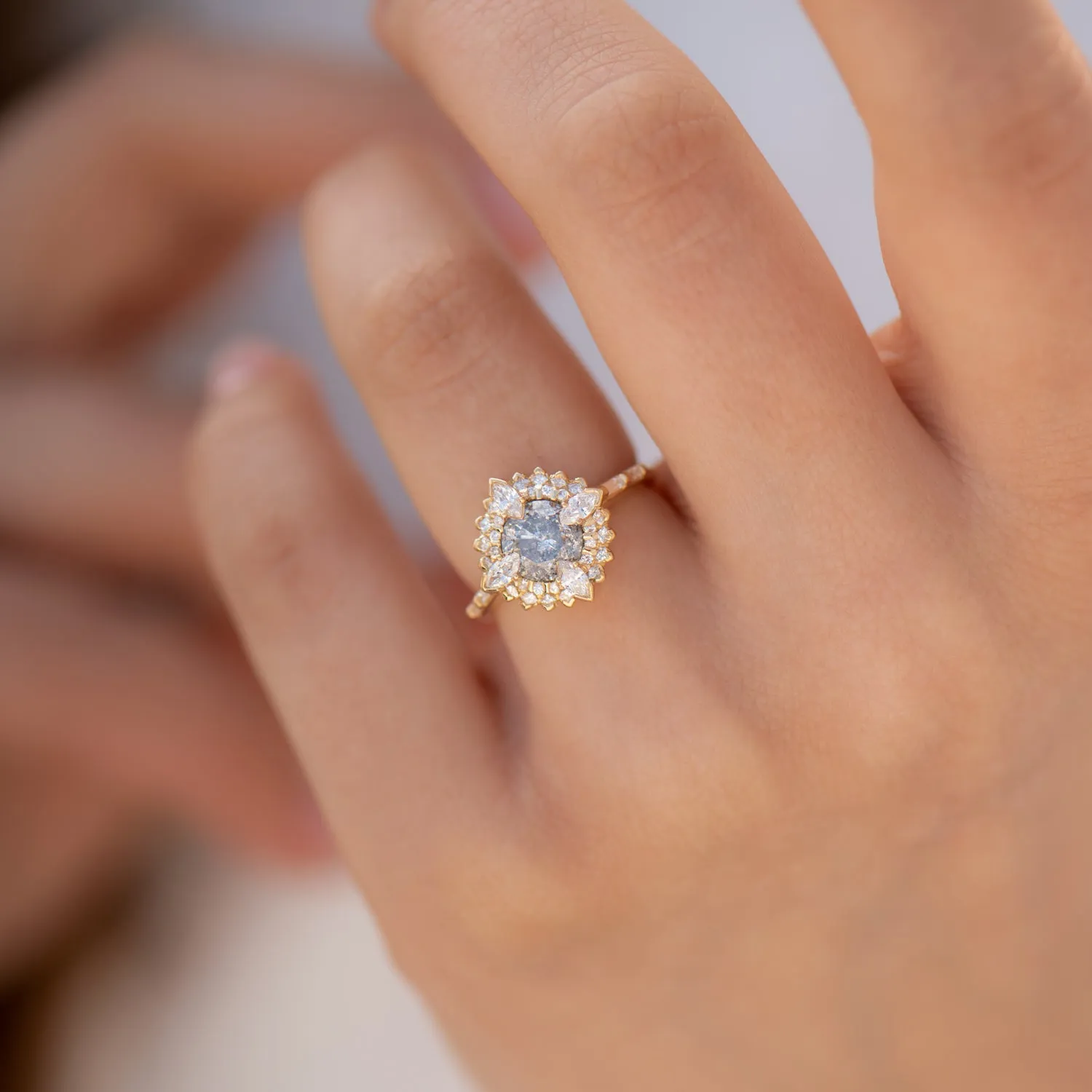 Golden Lotus Engagement ring with Grey and White Diamonds